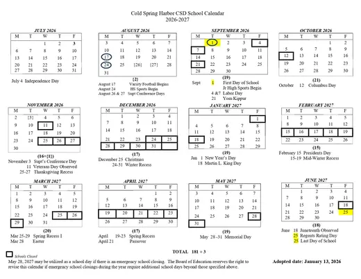 Cold Spring Harbor Central School District 2026–2027 Academic Calendar