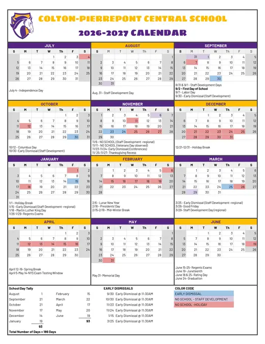 Colton-Pierrepont Central School 2026–2027 Academic Calendar Page 1