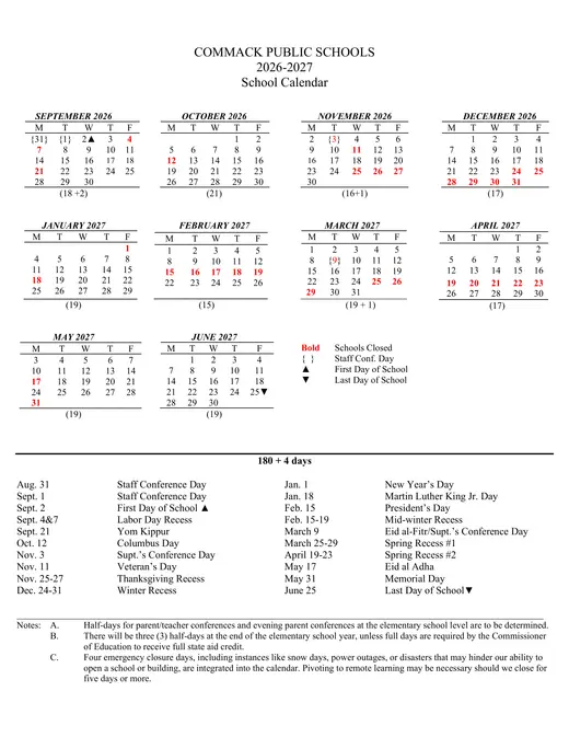 Commack Public Schools UFSD 2026–2027 Academic Calendar