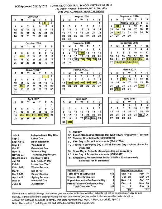 Connetquot Central School District 2026–2027 Academic Calendar