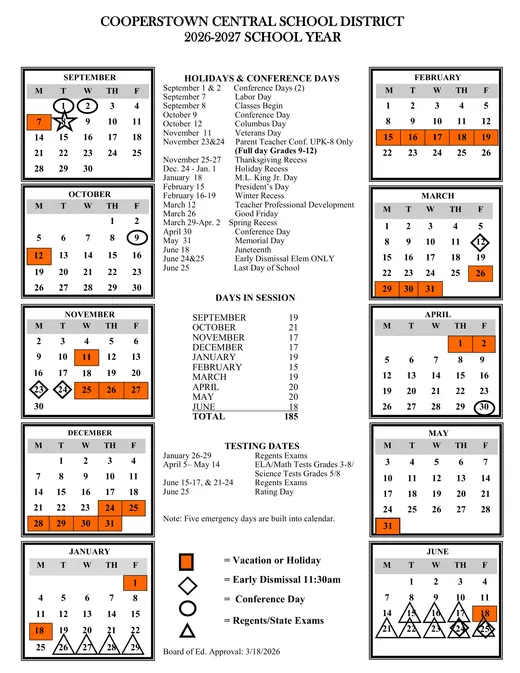Cooperstown Central School District CSD 2026–2027 Academic Calendar