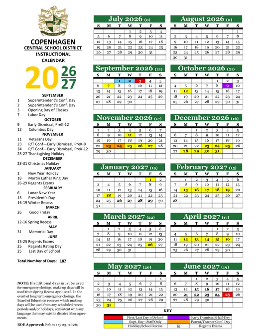 Copenhagen Central School District CSD 2026–2027 Academic Calendar