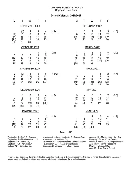 Copiague Public Schools 2026–2027 Academic Calendar Page 1