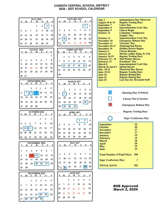 Corinth Central School District 2026–2027 Academic Calendar Page 1