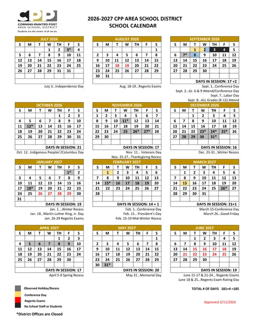 Corning-Painted Post Area School District 2026–2027 Academic Calendar