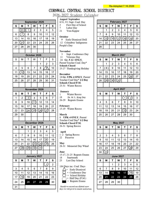 Cornwall Central School District 2026–2027 Academic Calendar Page 1