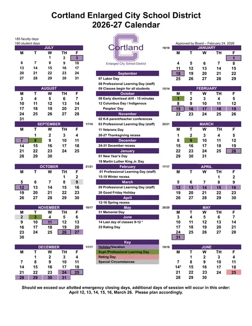 Cortland Enlarged City School District 2026–2027 Academic Calendar
