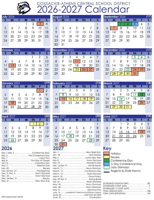 Coxsackie-Athens Central School District 2026–2027 Academic Calendar Page 2