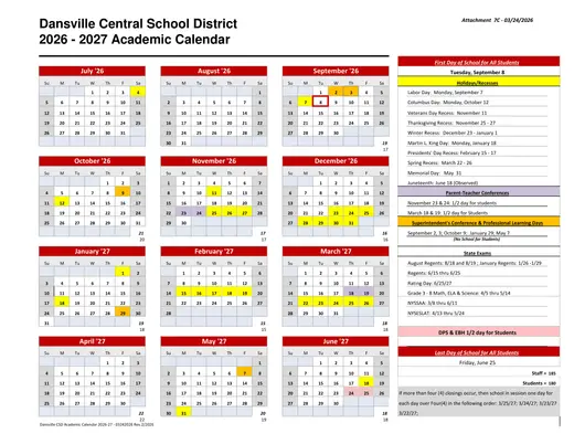 Dansville Central School District 2026–2027 Academic Calendar