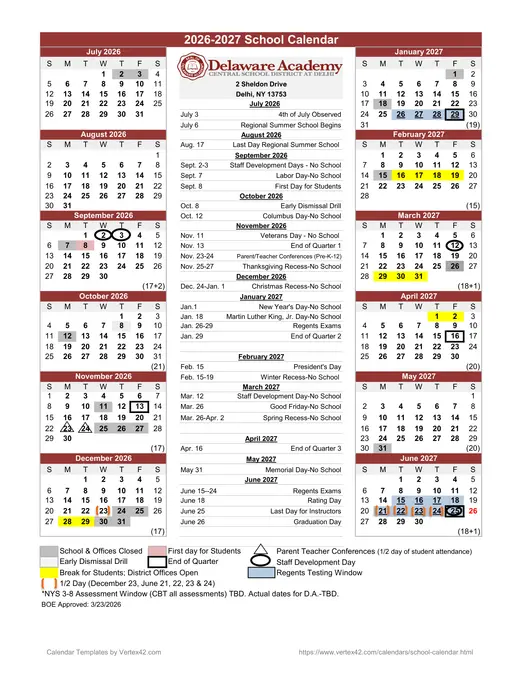 Delaware Academy Central School District at Delhi CSD 2026–2027 Academic Calendar