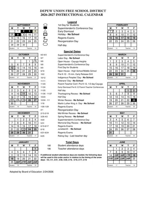 Depew Union Free School District 2026–2027 Academic Calendar
