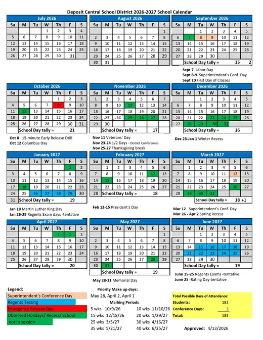 Deposit Central School District 2026–2027 Academic Calendar Page 1