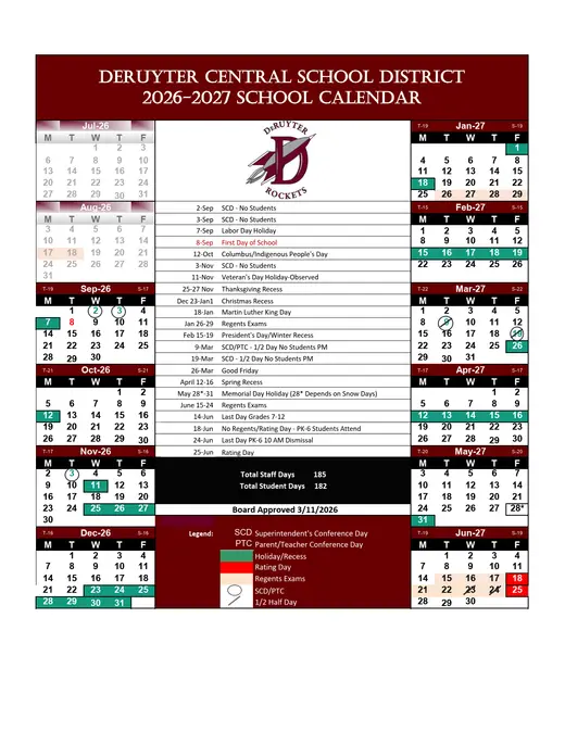 Deruyter Central School District 2026–2027 Academic Calendar Page 1