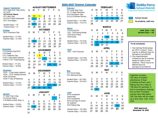 Dobbs Ferry Union Free School District 2026–2027 Academic Calendar