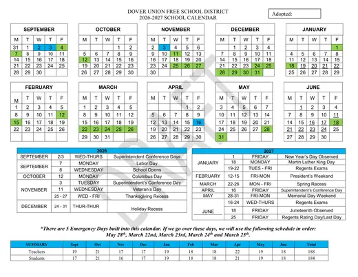Dover Union Free School District 2026–2027 Academic Calendar