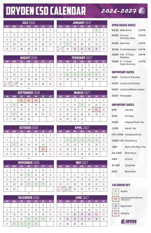 Dryden Central School District 2026–2027 Academic Calendar