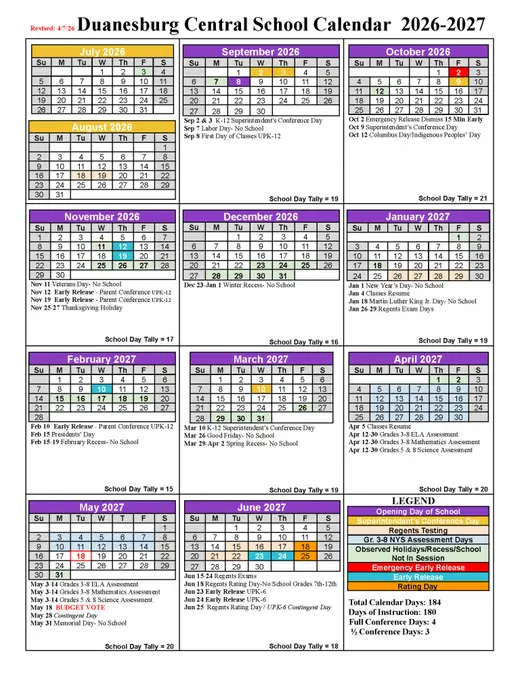 Duanesburg Central School 2026–2027 Academic Calendar Page 1