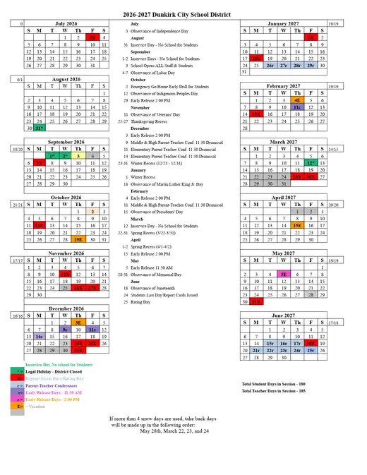 Dunkirk City School District 2026–2027 Academic Calendar Page 1