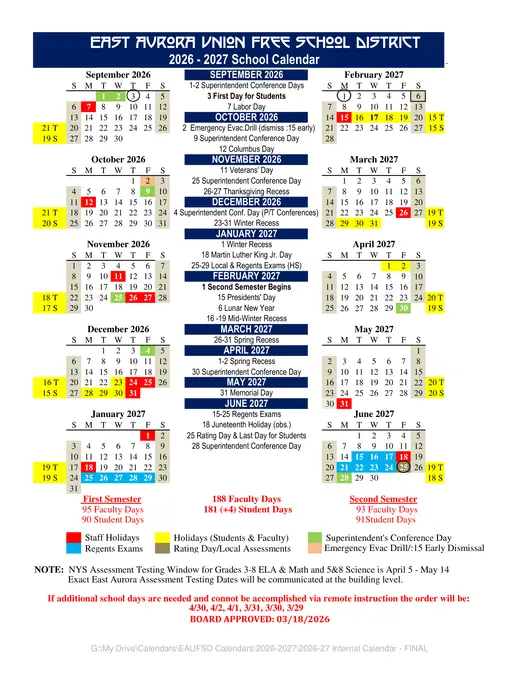 East Aurora Union Free School District 2026–2027 Academic Calendar