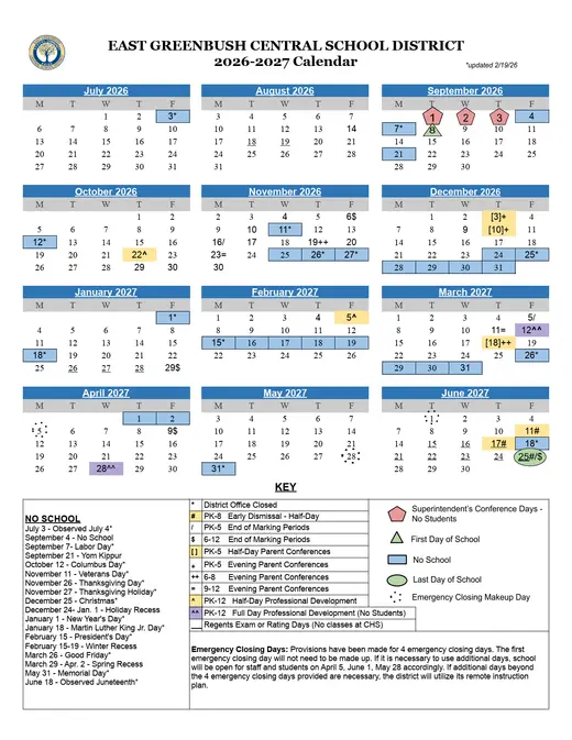 East Greenbush Central School District 2026–2027 Academic Calendar Page 1