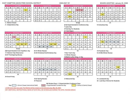 East Hampton Union Free School District 2026–2027 Academic Calendar