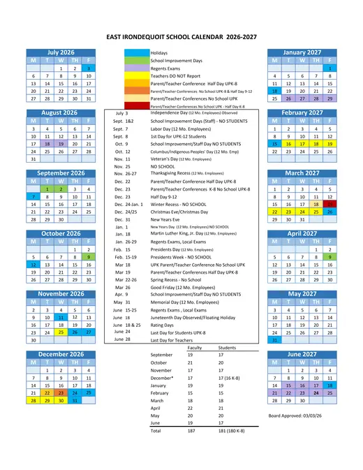 East Irondequoit School CSD 2026–2027 Academic Calendar