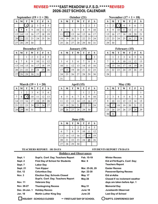 East Meadow Union Free School District 2026–2027 Academic Calendar Page 1