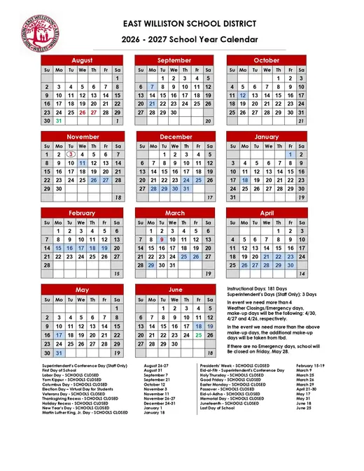 East Williston Union Free School District 2026–2027 Academic Calendar