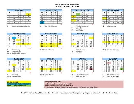 Eastport-South Manor Central School District 2026–2027 Academic Calendar