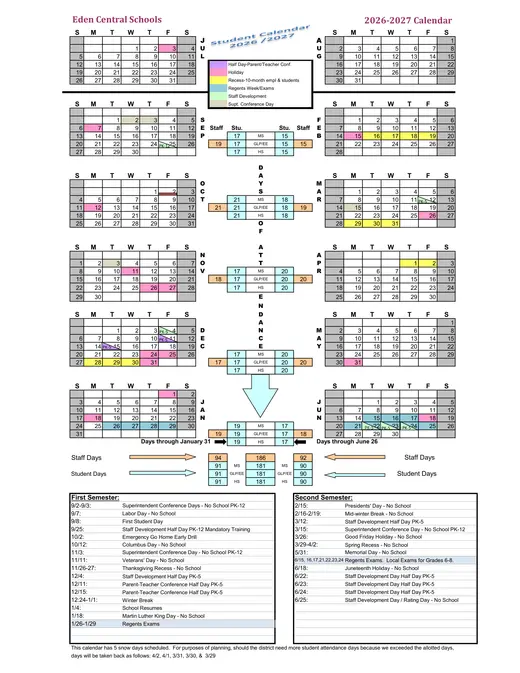 Eden Central School District 2026–2027 Academic Calendar