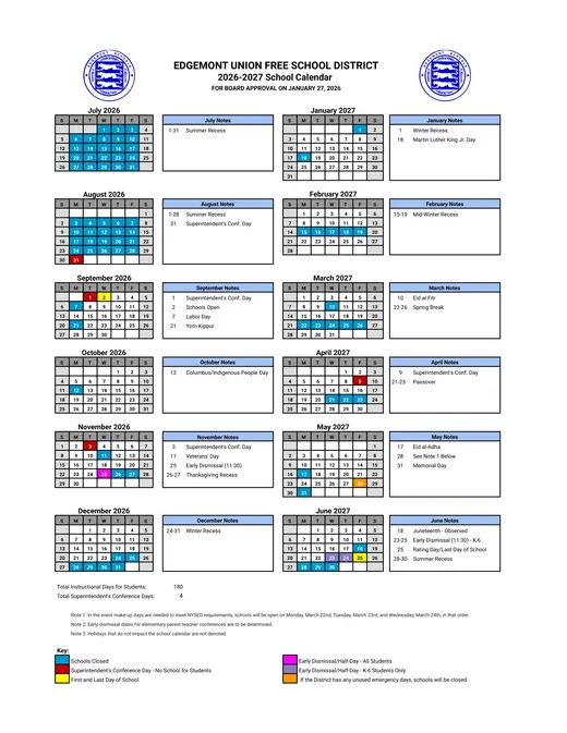 Edgemont Union Free School District 2026–2027 Academic Calendar