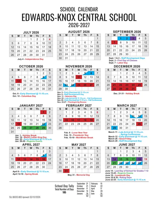 Edwards-Knox Central School CSD 2026–2027 Academic Calendar