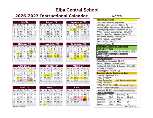 Elba Central School 2026–2027 Academic Calendar Page 1