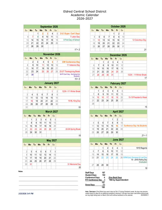 Eldred Central School District CSD 2026–2027 Academic Calendar
