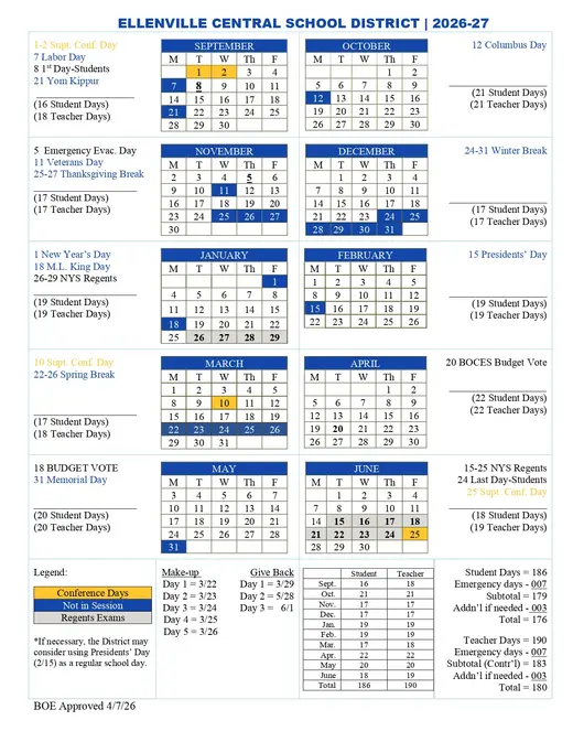 Ellenville Central School District 2026–2027 Academic Calendar