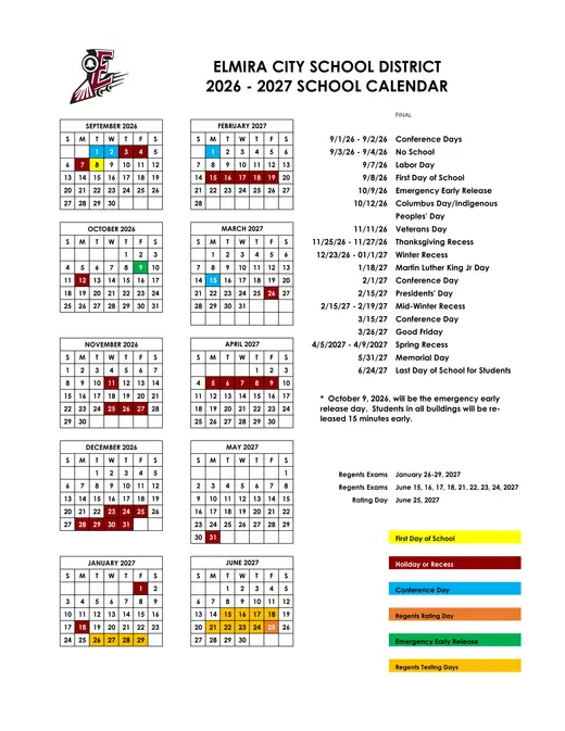Elmira City School District City SD 2026–2027 Academic Calendar