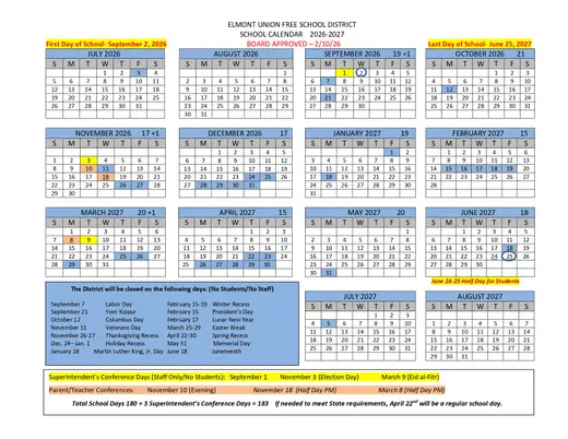 Elmont Union Free School District 2026–2027 Academic Calendar
