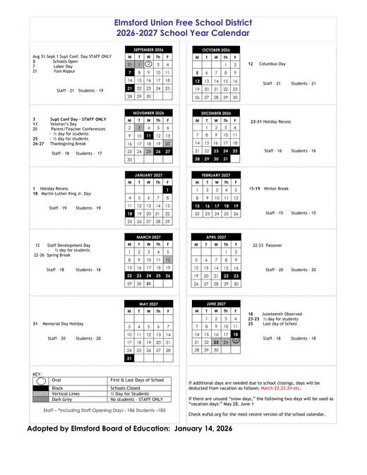 Elmsford Union Free School District 2026–2027 Academic Calendar