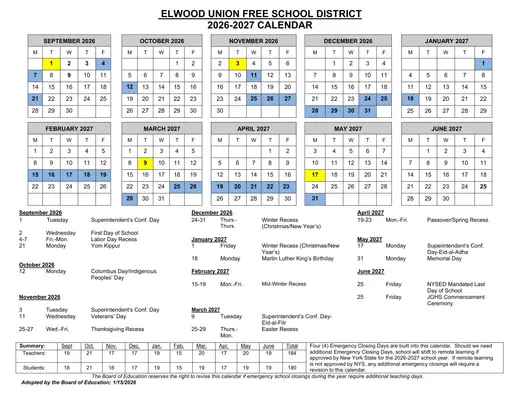 Elwood Union Free School District 2026–2027 Academic Calendar