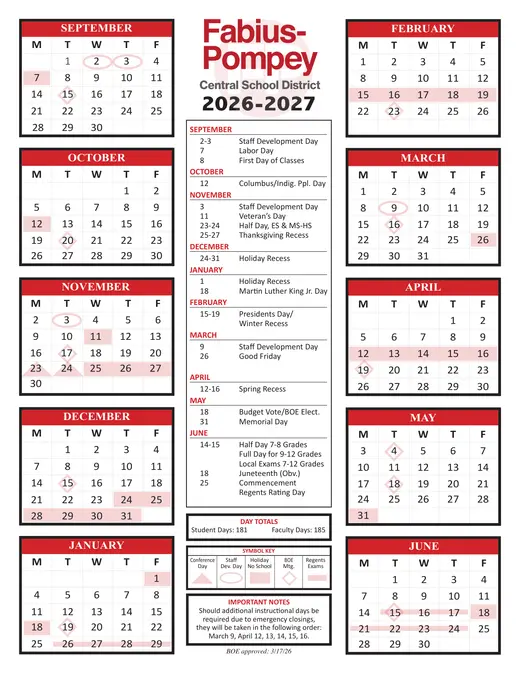 Fabius-Pompey Central School District CSD 2026–2027 Academic Calendar