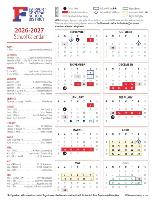 Fairport Central School District 2026–2027 Academic Calendar