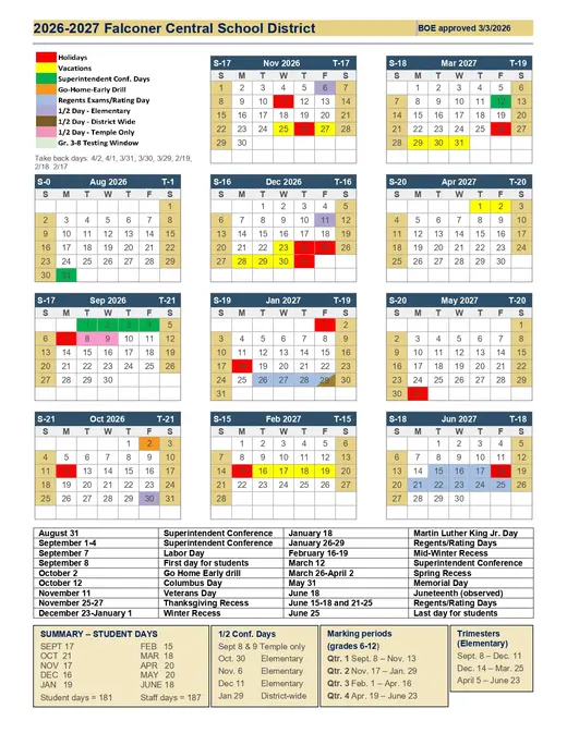 Falconer Central School District 2026–2027 Academic Calendar