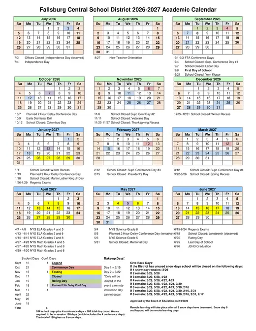 Fallsburg Central School District CSD 2026–2027 Academic Calendar