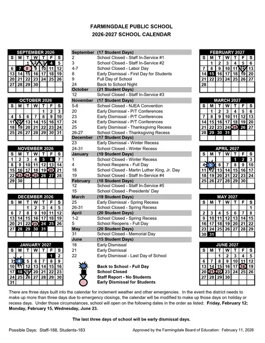 Farmingdale Public School 2026–2027 Academic Calendar Page 1