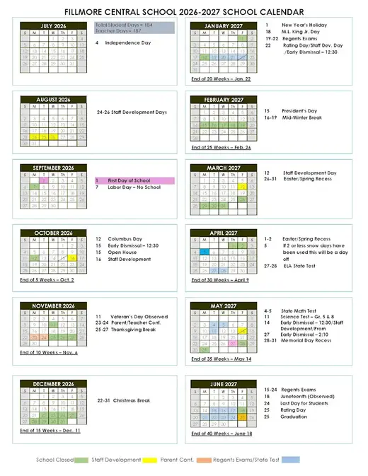 Fillmore Central School 2026–2027 Academic Calendar Page 2