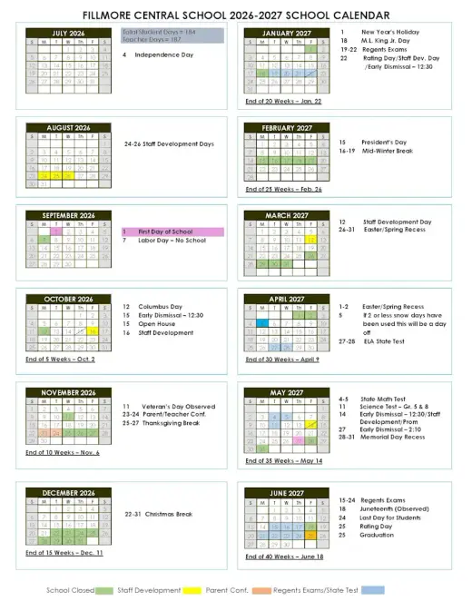Fillmore Central School 2026–2027 Academic Calendar Page 1
