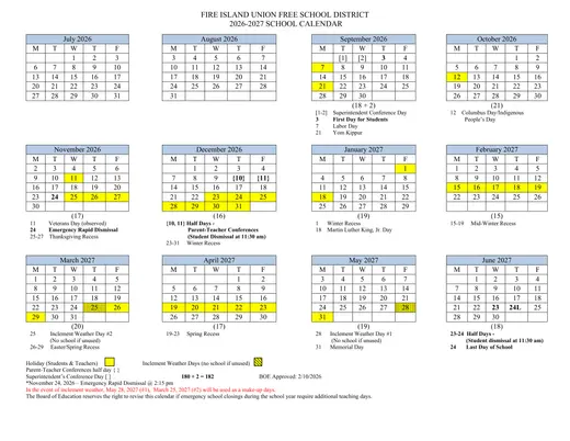 Fire Island Union Free School District UFSD 2026–2027 Academic Calendar