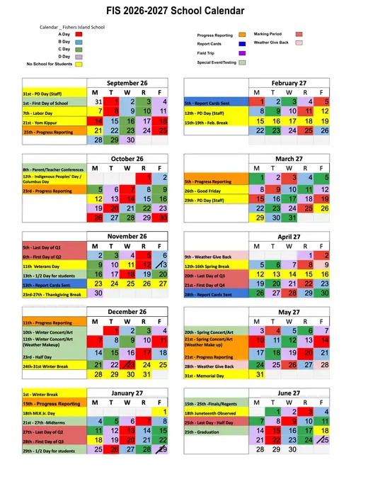 Fishers Island School 2026–2027 Academic Calendar Page 2