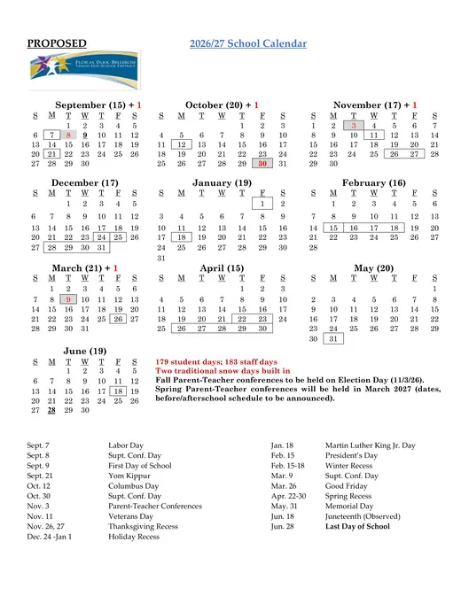 Floral Park-Bellerose Union Free School District UFSD 2026–2027 Academic Calendar