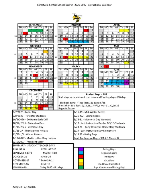 Forestville Central School District CSD 2026–2027 Academic Calendar